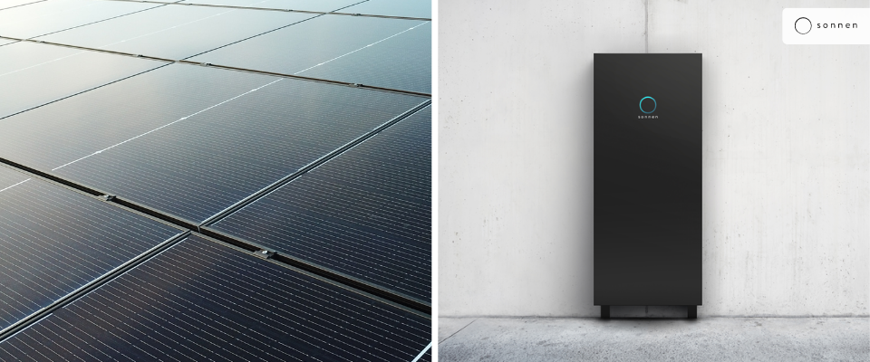 Photovoltaik-Paneel auf linken Bildseite – sonnenBatterie auf rechten Bildseite
